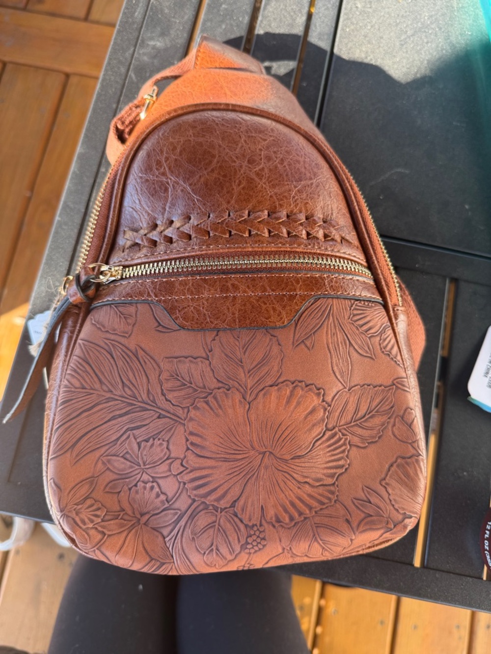 Women's Brown Floral Embossed Leather Backpack Sling